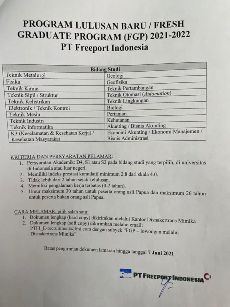 Lowongan Kerja PT. Freeport Indonesia